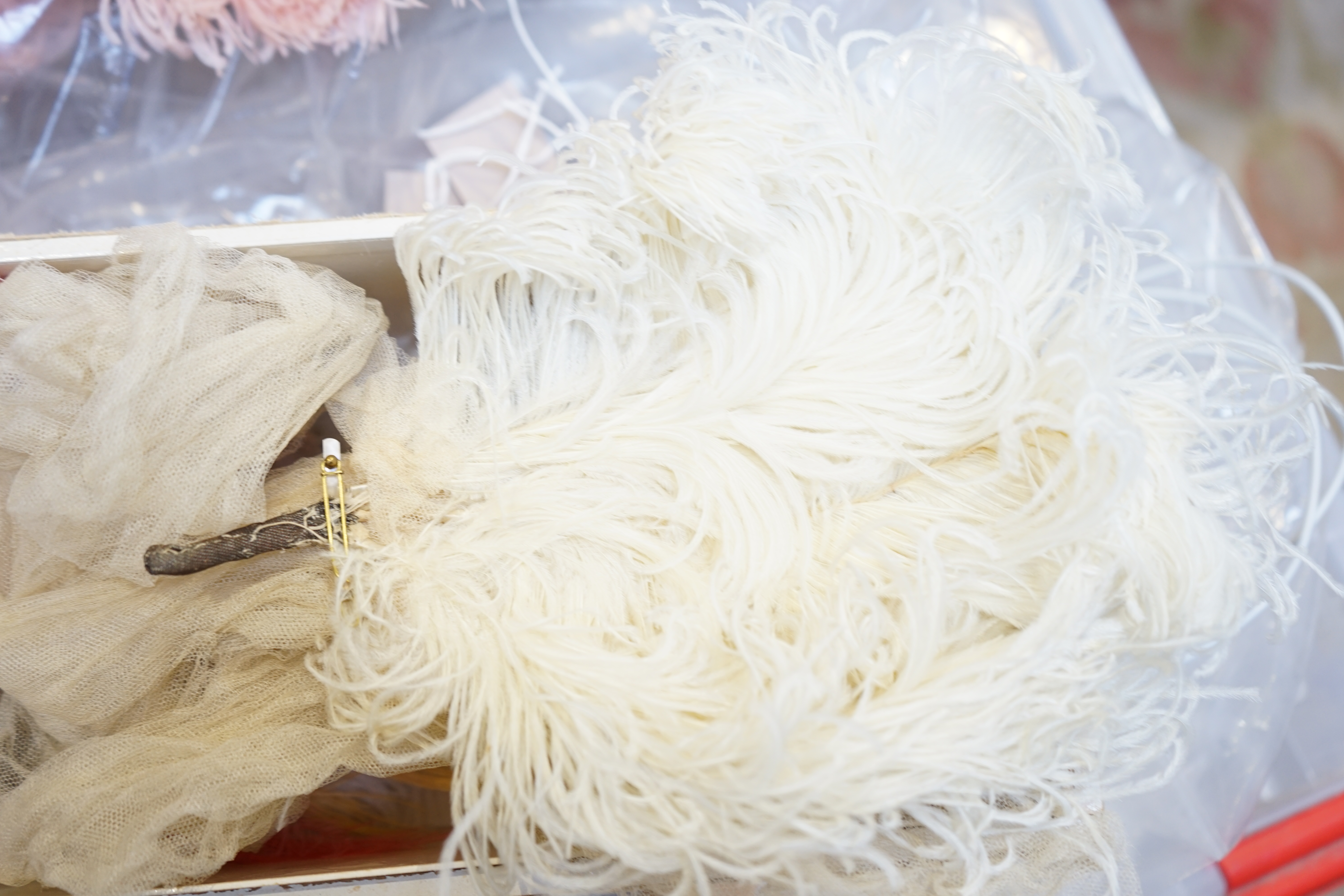 A selection of feathers, including head dress and veil for presentation at Court (in period box).